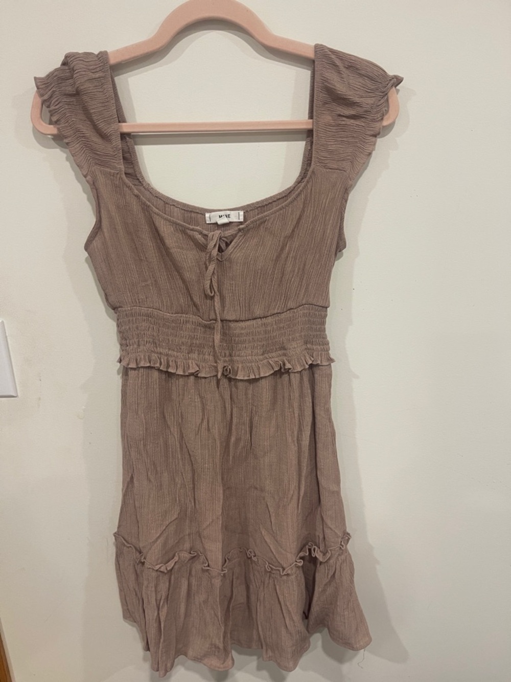 mine Taupe Smocked Mini Dress with Ruffle Trim